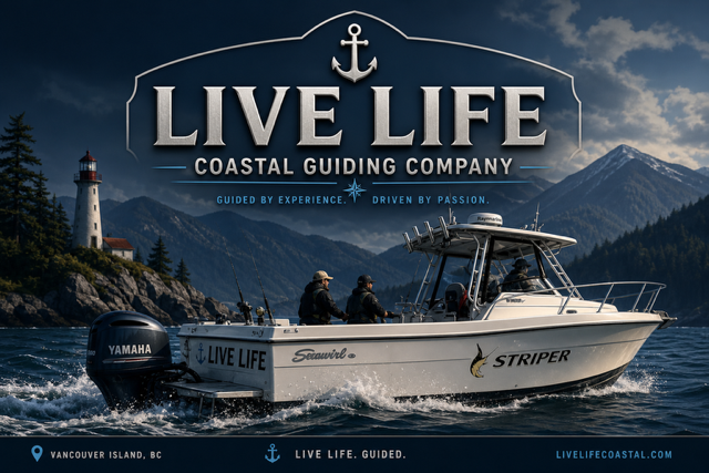 Live Life Coastal Guiding Company brand artwork with charter boat